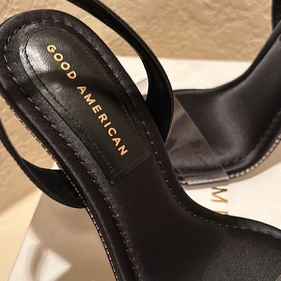 Good American Womens 10 Crystal Crush Sandals Heels Rhinestone Trim Black New - Picture 2 of 12